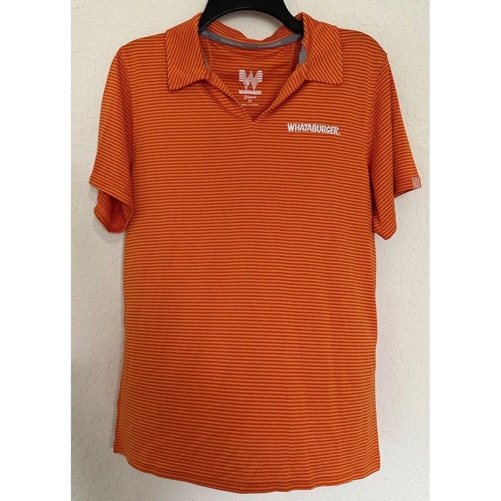 Whataburger Women’s V-Neck Polo Uniform Employee Work Shirt  Orange Stripe Sz M